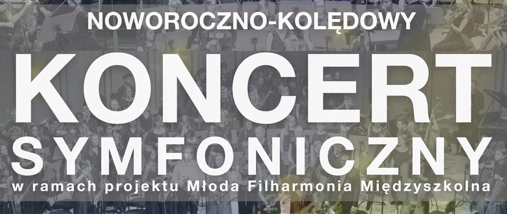 Biały tekst będący zapowiedzią koncertu symfonicznego z udziałem solistów i orkiestry symfonicznej . W tle kolaż zdjęciowy członków orkiestry. W nagłówku logo szkoły w Żorach i Sosnowcu. W tekst wpleciony baner zwiastujący kiermasz rękodzieła z warsztatu terapii zajęciowej.