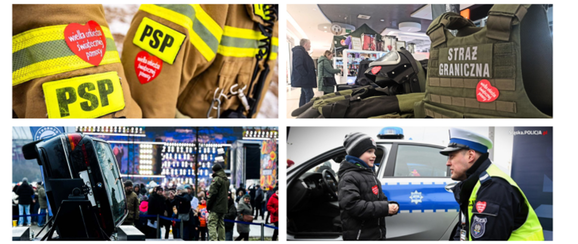Kolaż zdjęć ukazujący różne inicjatywy podjęte przez służby podległe MSWiA podczas finału WOŚP