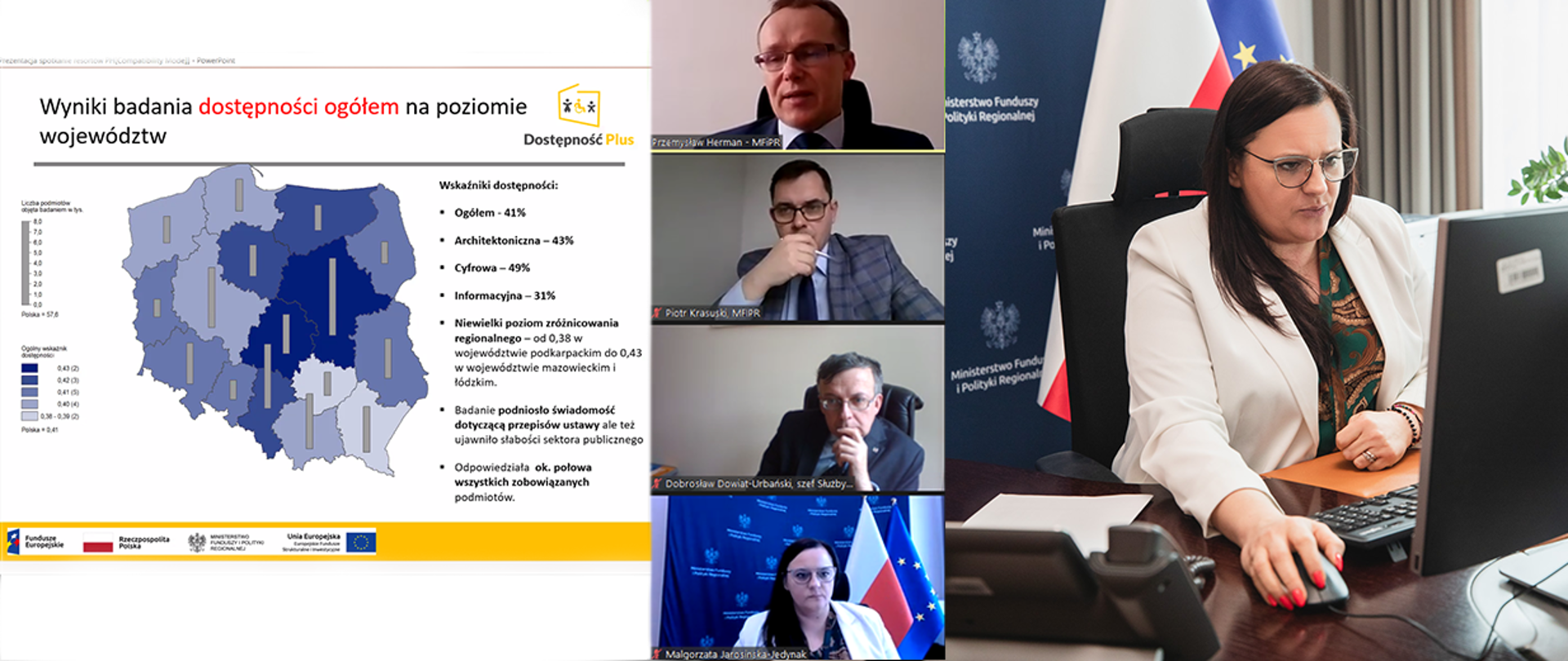 Kolaż zdjęć. Po prawej wiceminister Małgorzata Jarosińska-Jedynak przed monitorem. Po lewej w kilku oknach osoby rozmawiające on-line oraz obraz prezentacji.