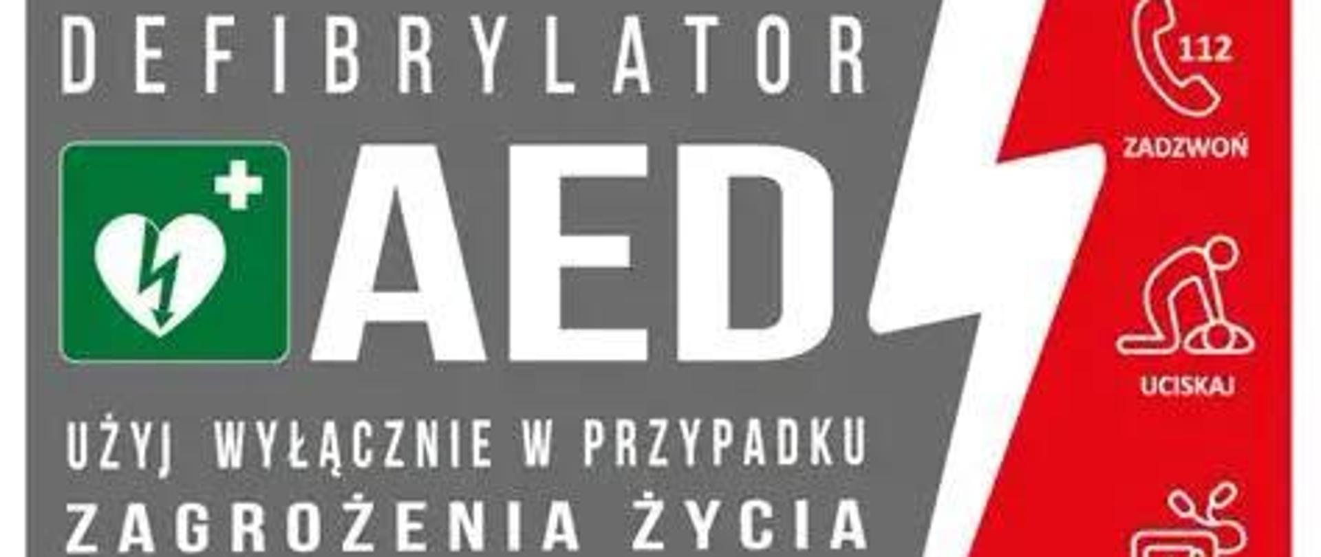 Informacja o defibrylatorze AED i jego przeznaczeniu.