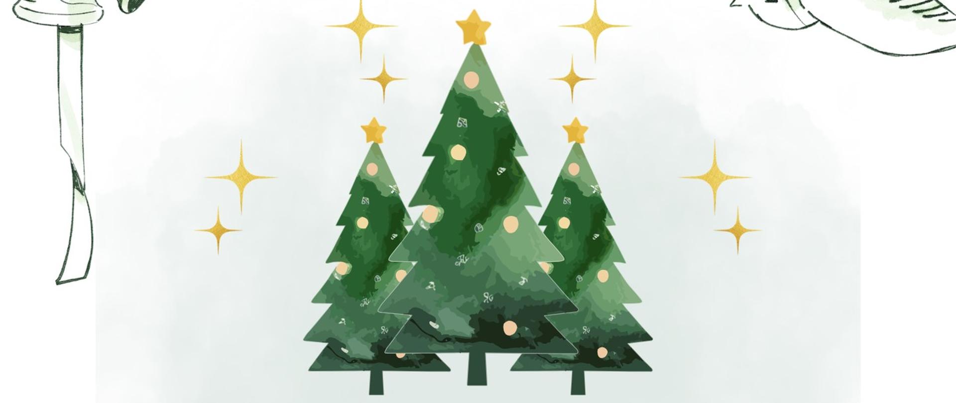 Grafika z trzema choinkami świątecznymi na środku, w rogach na górze dzwoneczek i ptak, na dole grafika przedstawiająca ośnieżone domy i drzewa. Na plakacie treść informująca o koncercie klasy fortepianu p. Jacka Pacześniaka i p. Ewy. Czarneckiej.