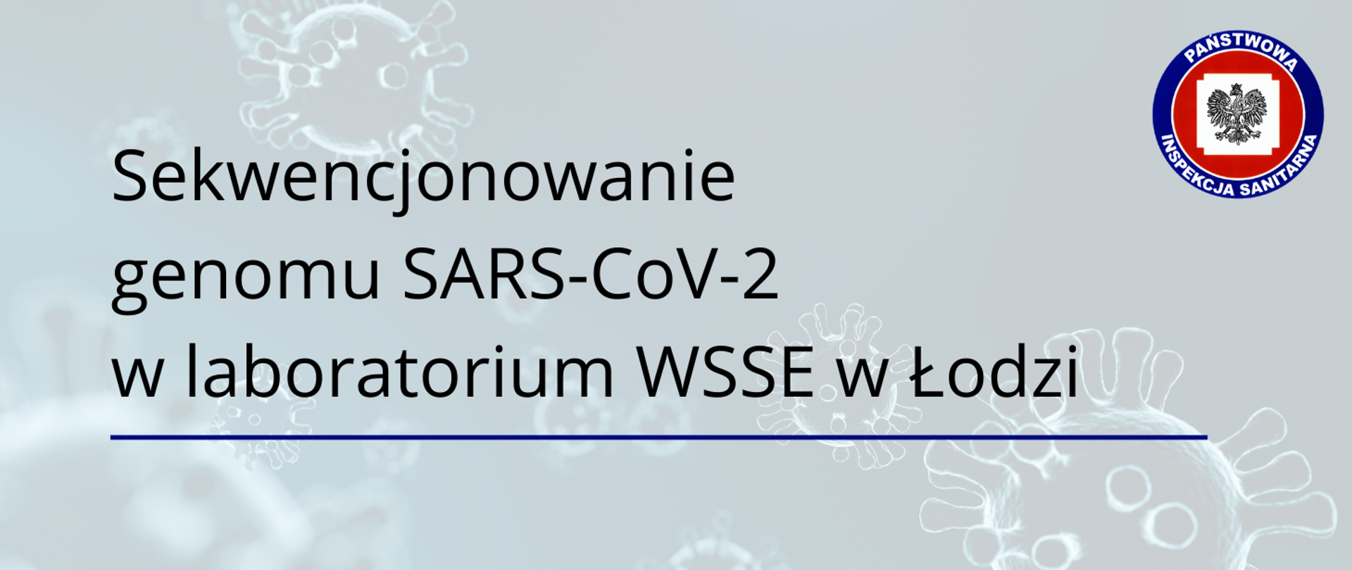 Grafika z tekstem: Sekwencjonowanie genomu SARS-CoV-2 w laboratorium WSSE w Łodzi. Logo Państwowej Inspekcji Sanitarnej. W tle grafika z koronawirusami.