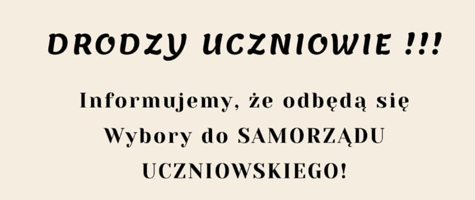 Plakat na jasnym tle z informacją tekstową dotyczącą wyborów do samorządu uczniowskiego wraz z logiem szkoły u góry plakatu