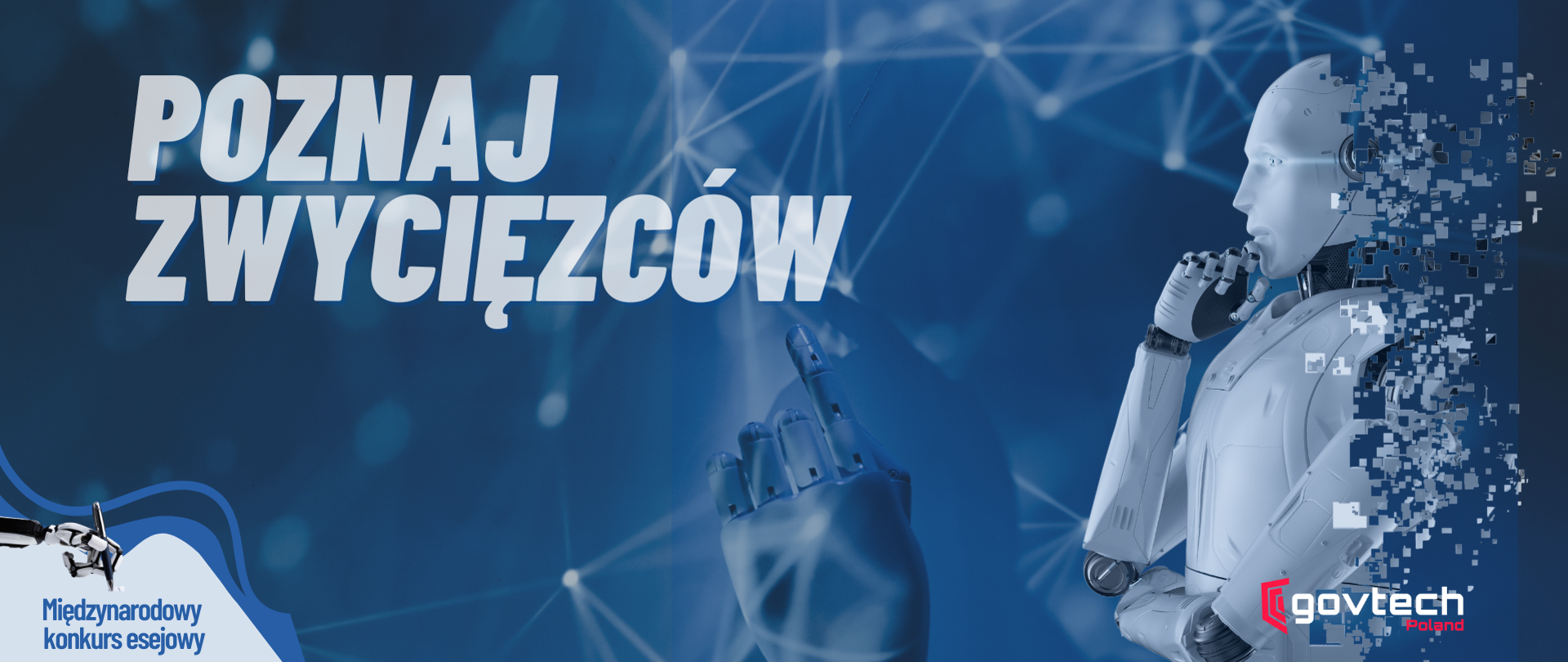 Poznaj zwycięzców - Międzynarodowy Konkurs Esejowy. Robot i logotyp Centrum GovTech