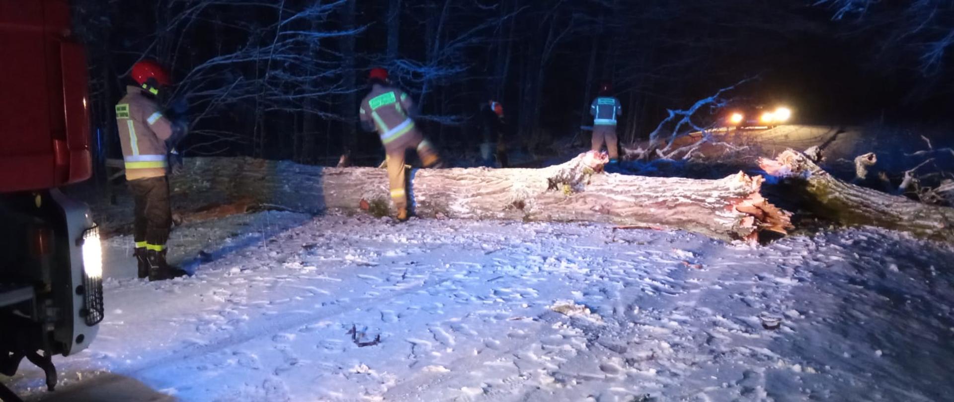 W nocy na drodze leży powalony gruby dąb. Obok pracują strażacy.