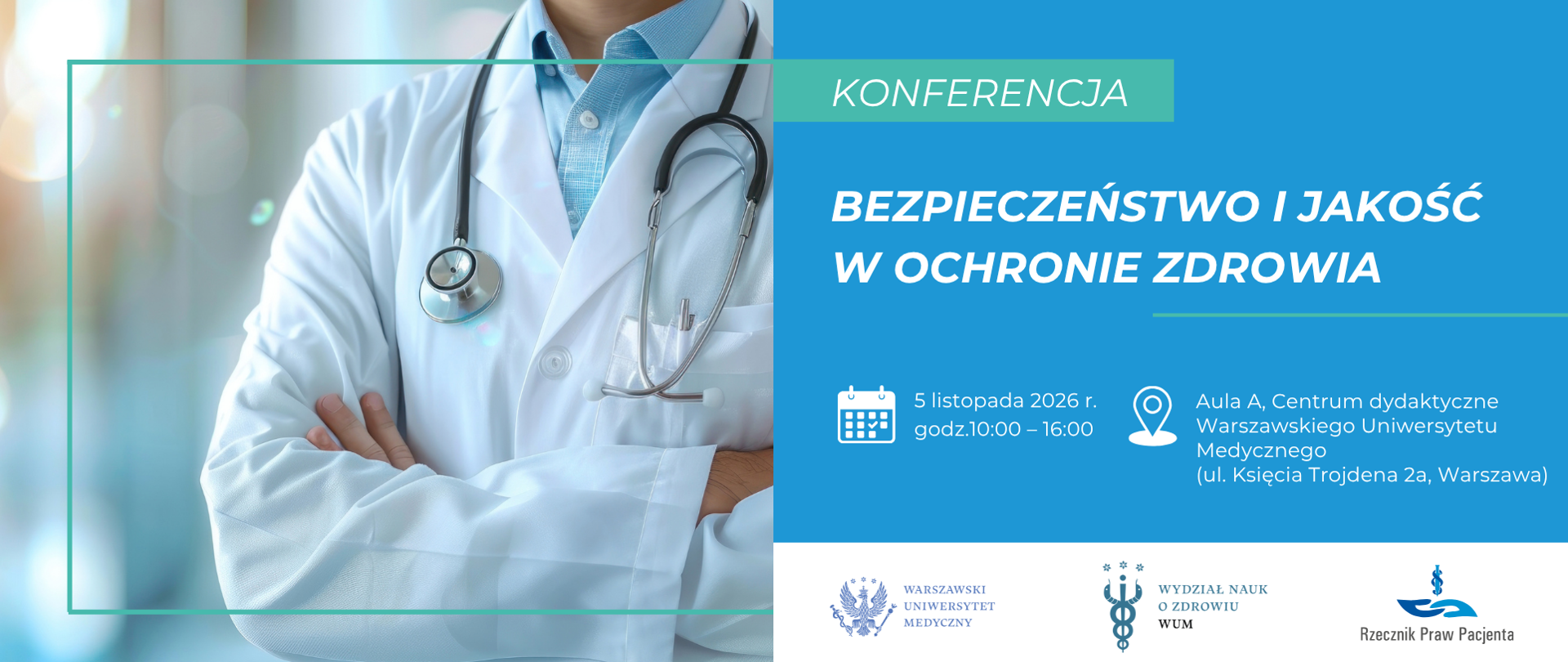 Lekarz stojący, trzyma założone ręce, na szyi ma stetoskop. 