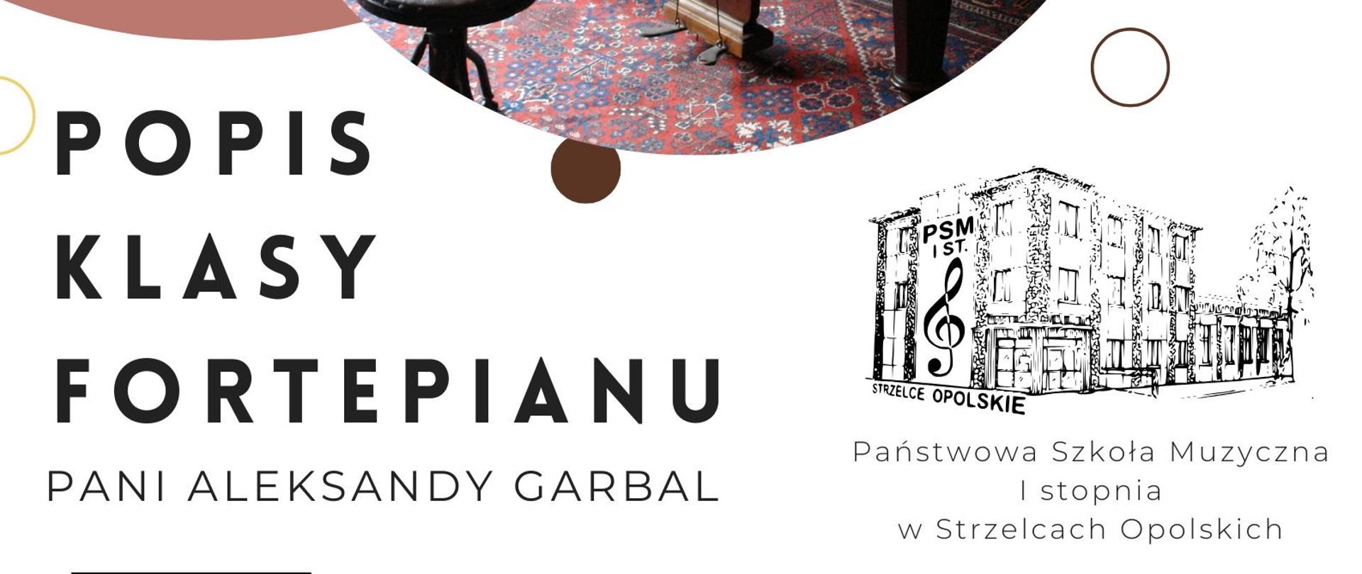 Grafika fortepian na białym tle, zaproszenie na Popis klasy fortepianu pani Aleksandry Garbal 29 listopada 2024 o godz. 18:30