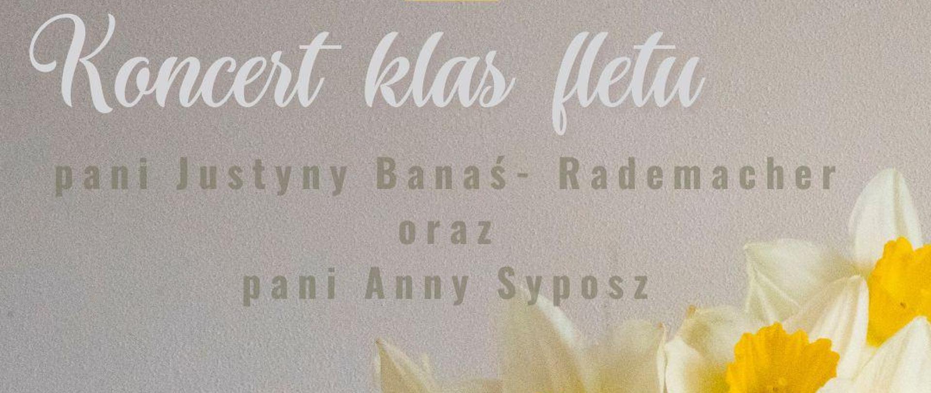 Plakat z informacją o koncercie klasy fletu. Przedstawia dzbanek z bukietem kwiatów oraz leżącym przed nim fletem poprzecznym.