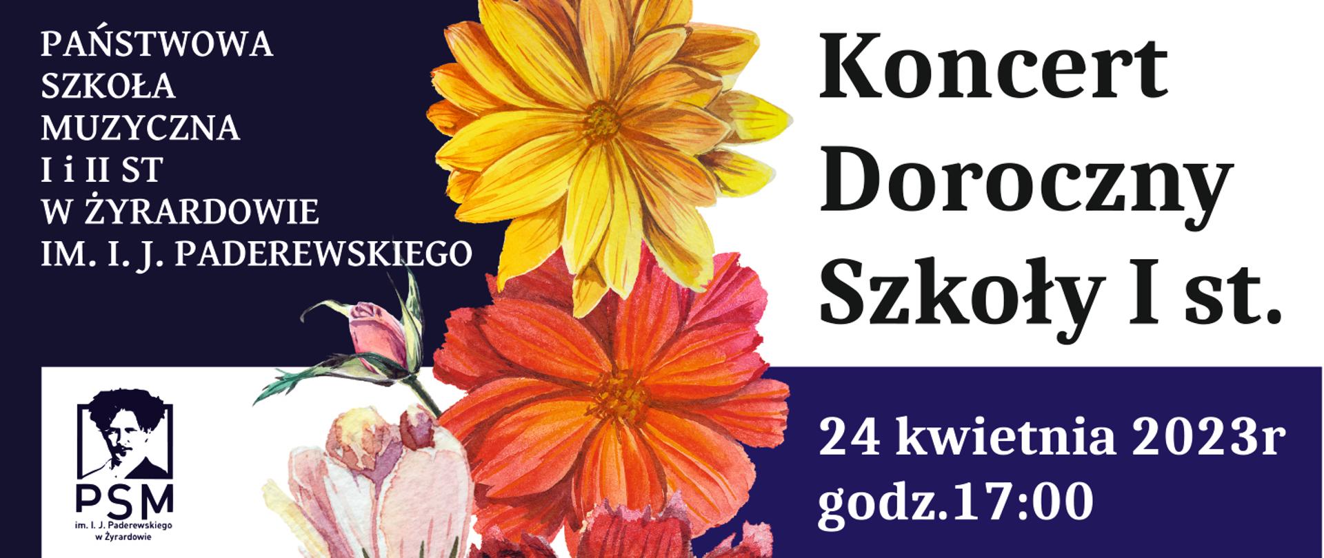 Plakat na tle niebiesko białym. Na górze po prawej czarny napis "Koncert Doroczny Szkoły I stopnia" Poniżej na niebieskim tle biały napis 24 kwietnia 2023 r. godzina 17:00 Miejsce resursa. Po środku widzimy grafikę kwiatów oraz zdjęcie płatków róży czerwonej Poniżej zdjęcie przedstawiające zabytkowy metronom. 