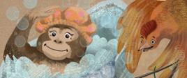 Na kolorowej zakładce widoczne są następujące postacie z bajek Fredry. Kąpiąca się małpa i kogut.