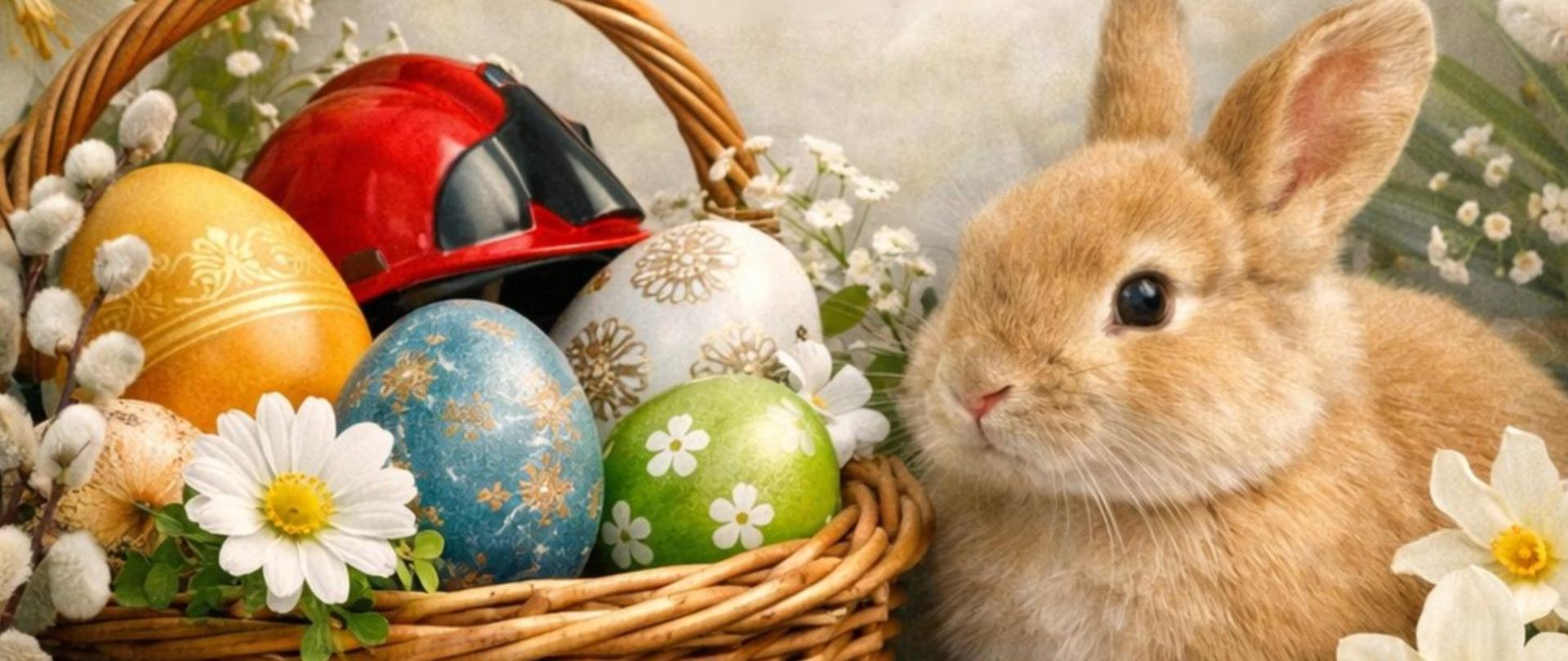 Grafika przedstawia radosną i szczegółową kompozycję wielkanocną, łączącą tradycję z motywem strażackim. Obraz jest utrzymany w ciepłej, jasnej tonacji.