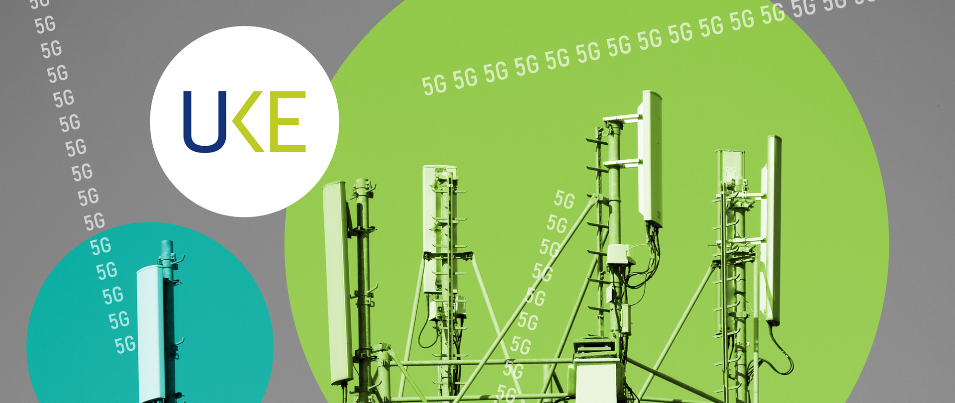 Grafika zawierająca zdjęcia anten telekomunikacyjnych, napisy 5G orkaz logo Urzędu Komunikacji Elektronicznej