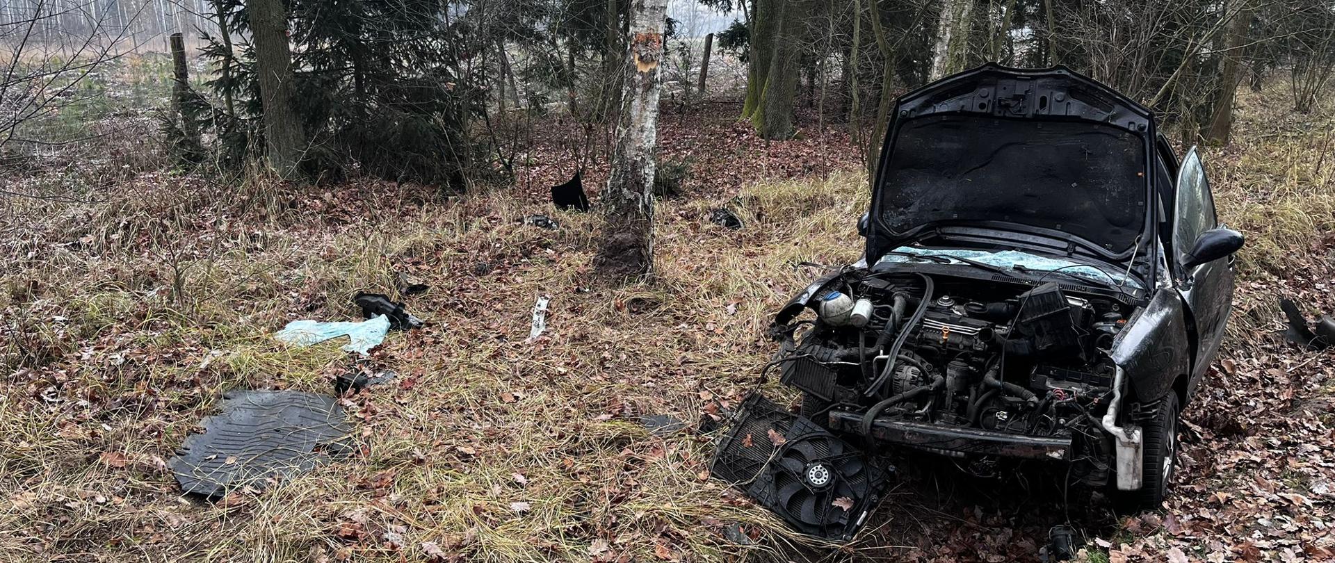 Samochód osobowy z uszkodzonym przodem stoi na poboczu obok drzew.