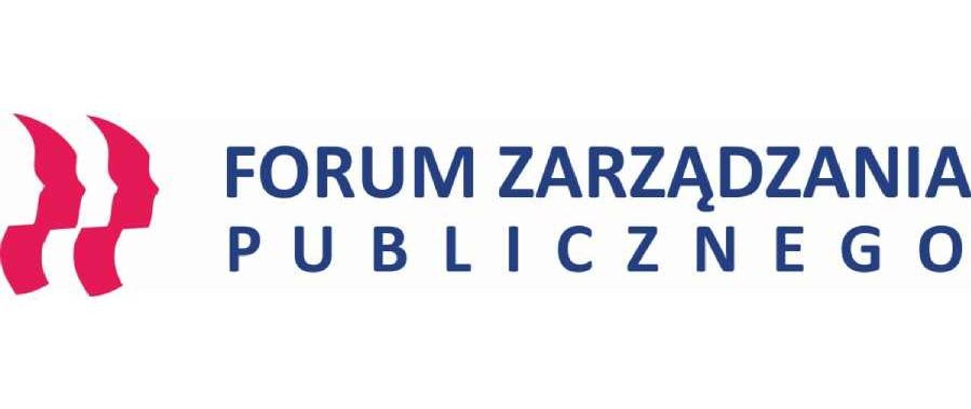 Logo Forum Zarządzania Publicznego - po lewej stronie profil ludzkiej twarzy, powtórzony czterokrotnie, w naprzemiennym szyku, biały, czerwony, biały, czerwony; obok napis Forum Zarządzania publicznego