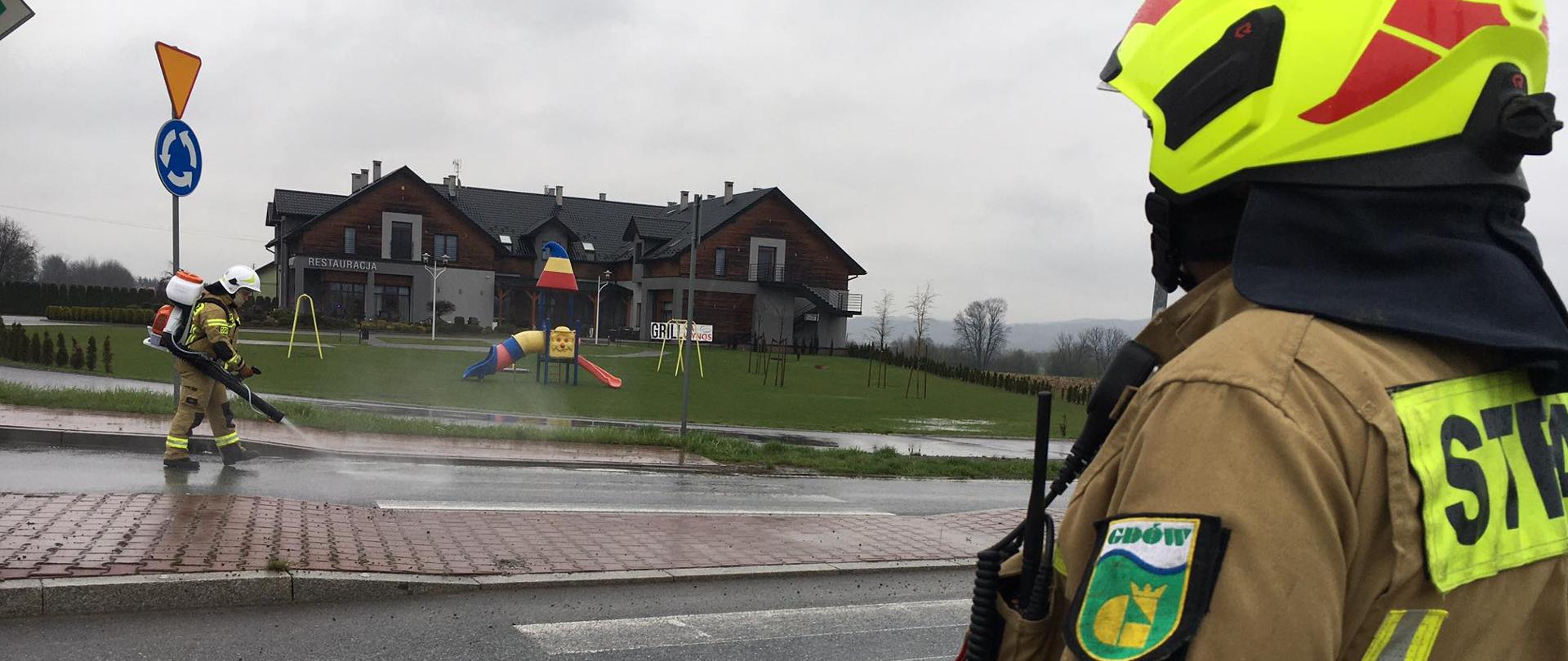 Na zdjęciu widoczny strażak na pierwszym planie plecami do fotografującego. Na drugim planie strażak neutralizujący plamę przy użyciu opryskiwacza