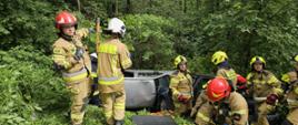 strażacy podczas ćwiczeń związanych z wypadkiem drogowym w lesie