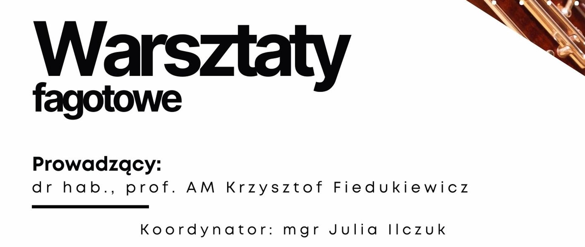 Plakat informacyjny dotyczący Warsztatów fagotowych odbywających się w dniu 24 marca 2025 o godz. 14.00 w Auli Szkoły Muzycznej