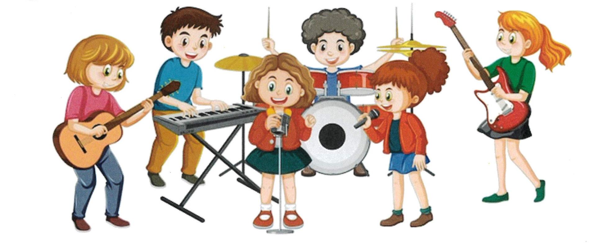 Od góry na białym tle wyśrodkowany tekst w 5 liniach: Uroczyste zakończenie roku szkolnego 2024/2025 Muzyczna Zerówka, Studium muzyczne, Studium wokalne. poniżej grafika dzieci grających na różnych instrumentach. Poniżej: 24.06.2025 r. (wtorek) godz. 17:00