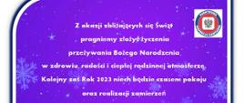 Na fioletowym tle zamieszczone są życzenia świąteczne "Z okazji zbliżających się świąt pragniemy złożyć życzenia przeżywania Bożego Narodzenia w zdrowiu, radości i ciepłej rodzinnej atmosferze. Kolejny zaś Rok 2023 niech będzie czasem pokoju oraz realizacji zamierzeń życzy PPIS Anna Załęska-Napiórkowska wraz z pracownikami PSSE w Makowie Maz. W górnym prawym rogu widnieje logo PIS a na dole zdjęcia trzy choinki.