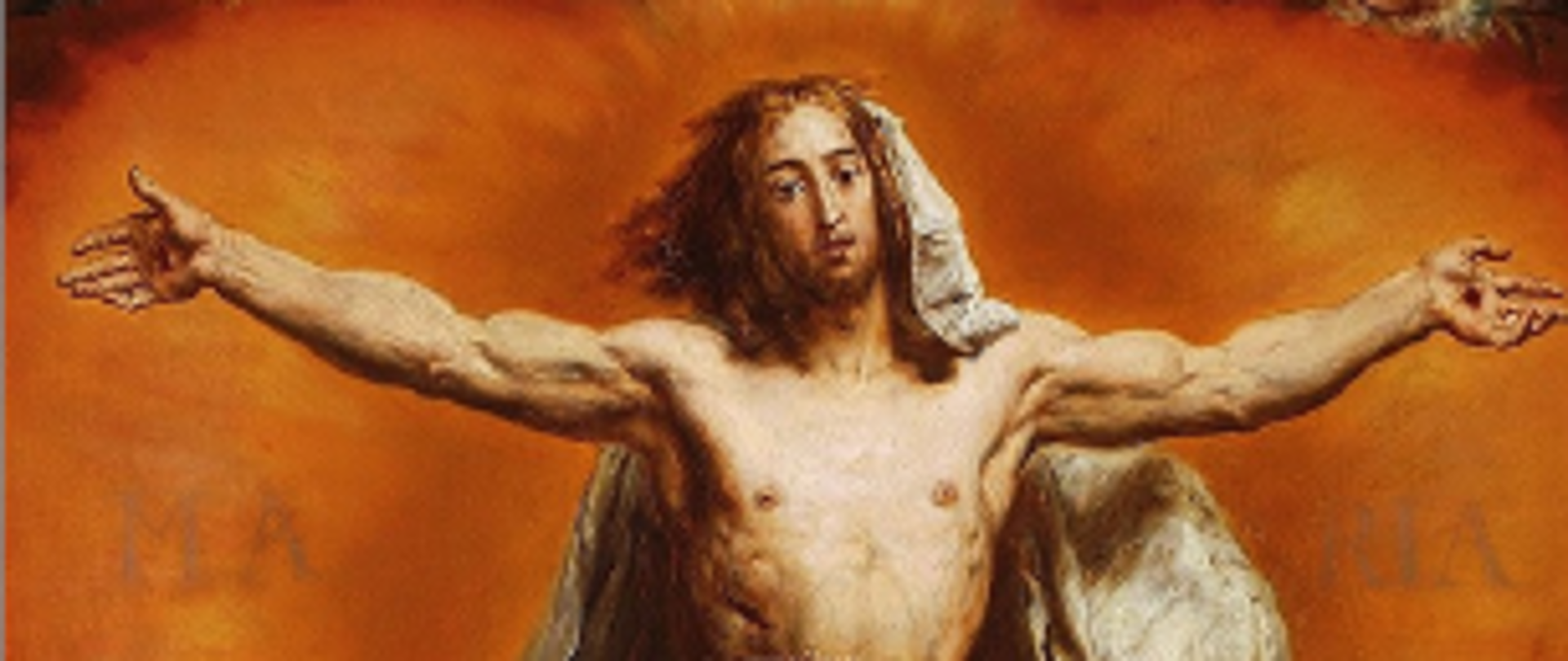 Obraz Jana Matejki ,,Zmartwychwstanie" przedstawiający Jezusa z lecącym nad głową gołębiem. Pod obrazem cytat: „I niech się święci w świetle wirowanie pyłu, i niech się święci ten dzień, co jest miłość, ten dzień, co niósł na sobie przez trumny i ruchy złożenie w grobie ciałem, a wstawanie duchem.” WIELKANOC – K.K.Baczyński