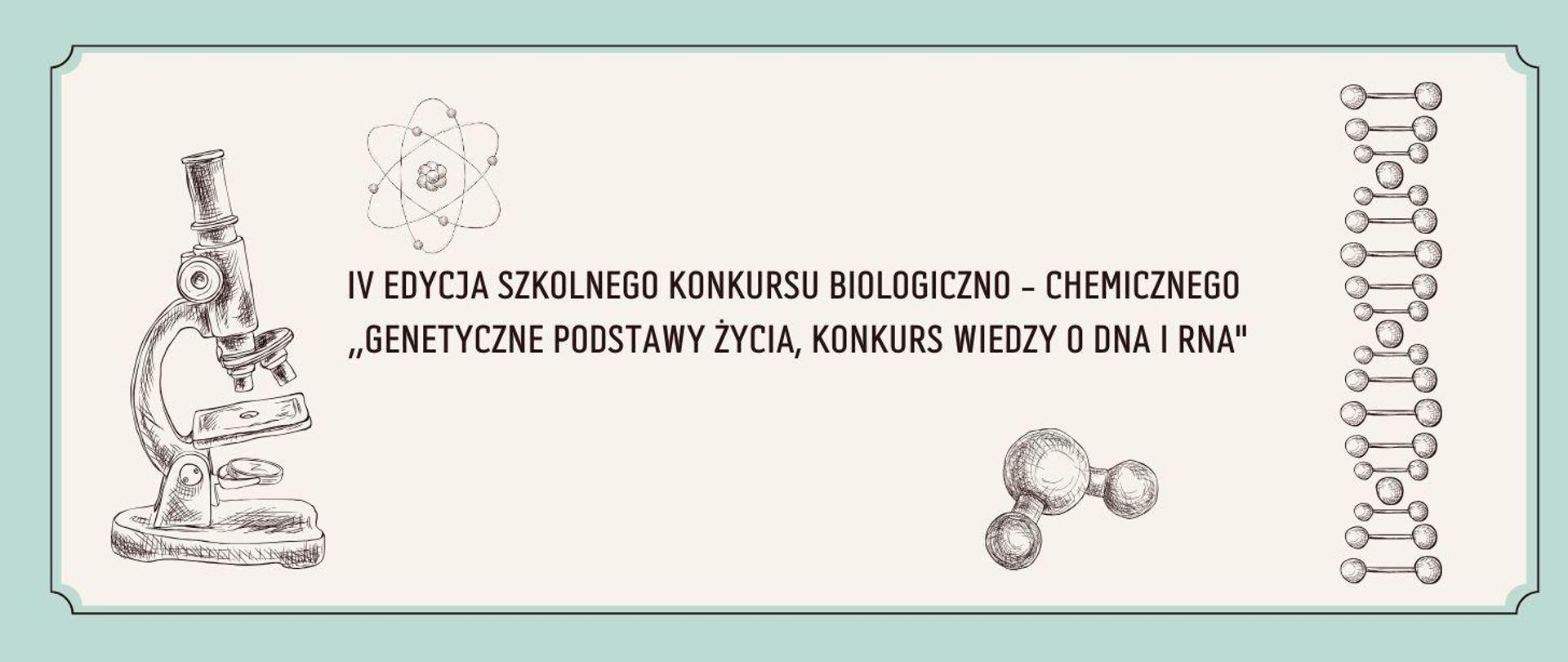 centralnie napis na zielonym tle IV EDYCJA SZKOLNEGO KONKURSU BIOLOGICZNO - CHEMICZNEGO ,,GENETYCZNE PODSTAWY ŻYCIA, KONKURS WIEDZY O DNA I RNA", po lewej grafika mikroskopu, po prawej grafika kodu dna