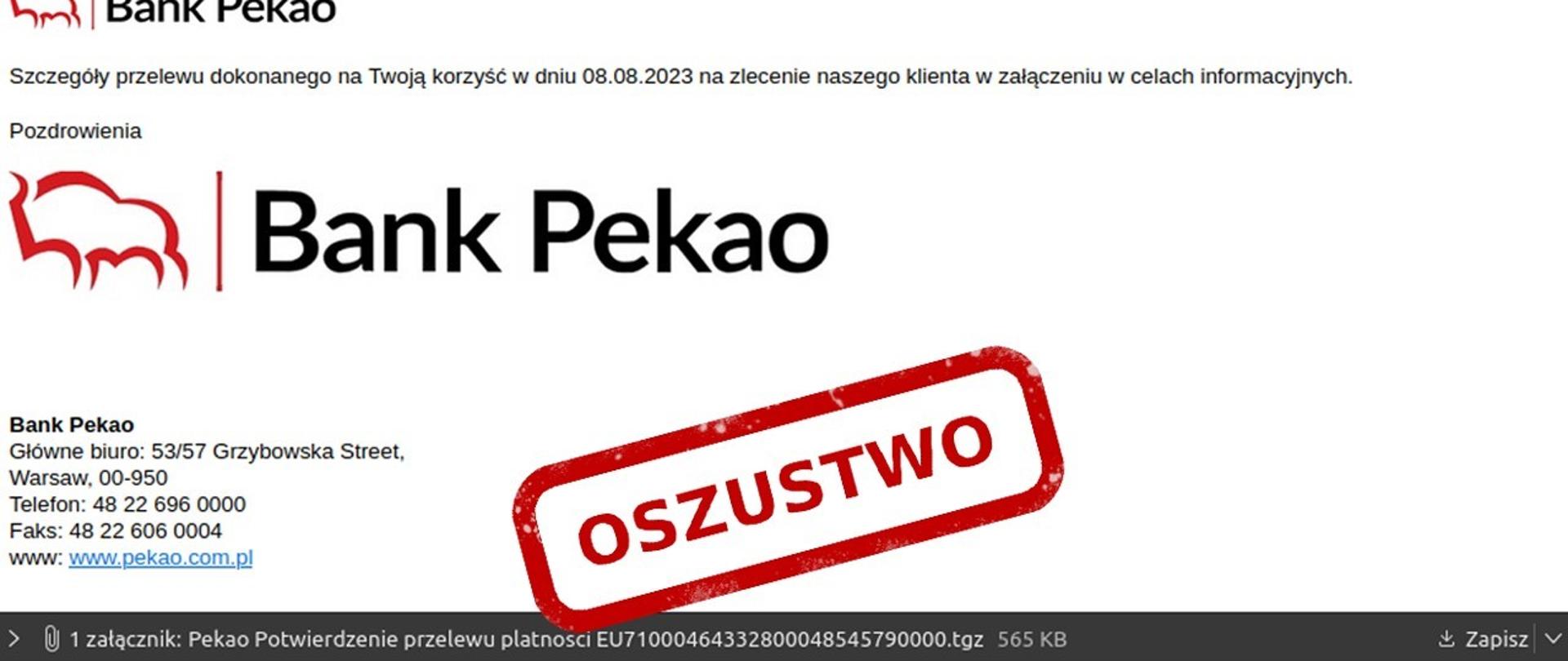 Zdjęcie fałszywej wiadomości e-mail z logo Banku PKO S.A i rzekomym załącznikiem Pekao Potwierdzenie przelewu. Na zdjęciu czerwony napis oszustwo 