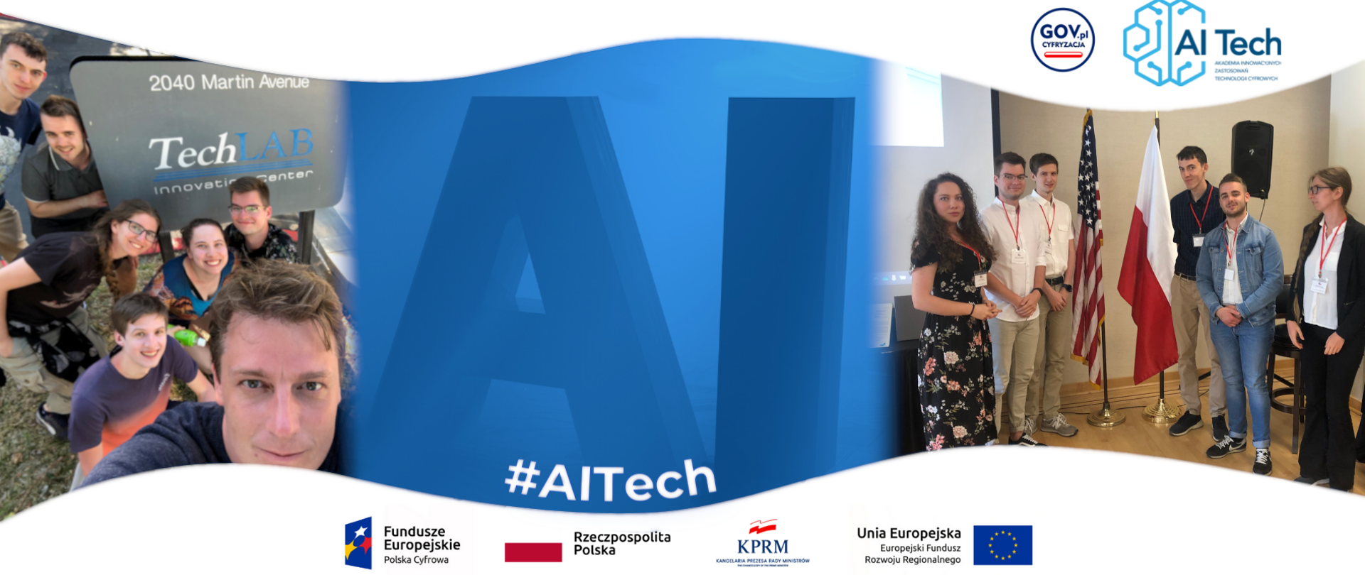 Studenci i studentki z wykładowcą, w tle napis TechLab Innovation Center. Napis AI na niebieskim tle. Studenci i studentki na tle flagi RP oraz USA.Logotypy projektowe znak FE, barwy RP, znak KPRM, znak UE.