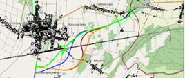 Mapa z wyrysowanymi wariantami obwodnicy Wschowy. Przedstawione zostały 4 warianty, każdy wrysowany w innym kolorze.