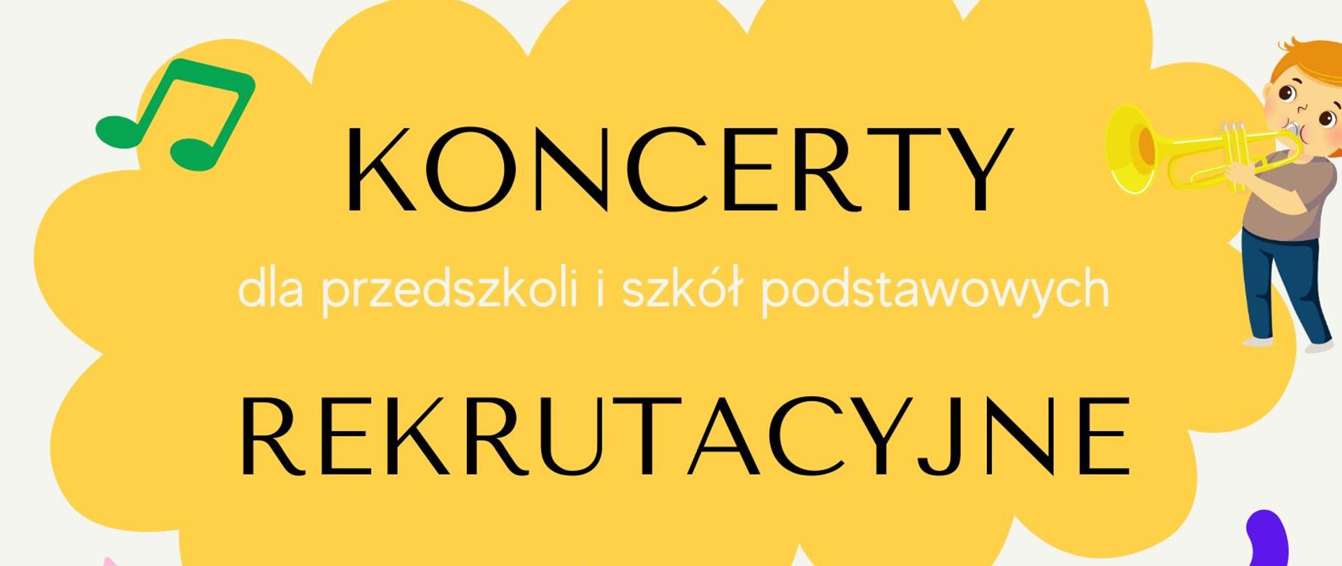 Grafika - afisz. Tło białe. Na górze napis: Sala Koncertowa im. Jerzego Kozarzewskiego. Poniżej grafika przedstawiająca chmurę oraz napis: KONCERTY dla przedszkoli i szkół podstawowych REKRUTACYJNE. Poniżej kolejne napisy: w wykonaniu uczniów i nauczycieli 17, 19 i 20 kwietnia 2023 25-28 kwietnia 2023 godz. 9.30 i 11.00. Na dole wesołe grafiki z instrumentami muzycznymi. W dolnym lewym rogu logo PSM Nysa.