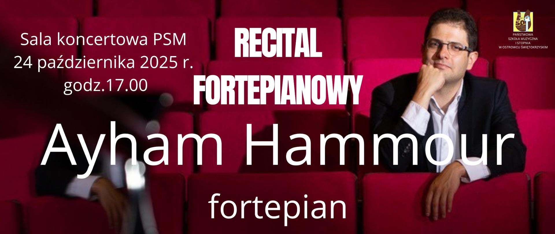 napisy w kolorze białym na czerwonym ze zdjęciem pianisty Ayhama Hammour"a z logiem szkoły w prawym górnym rogu