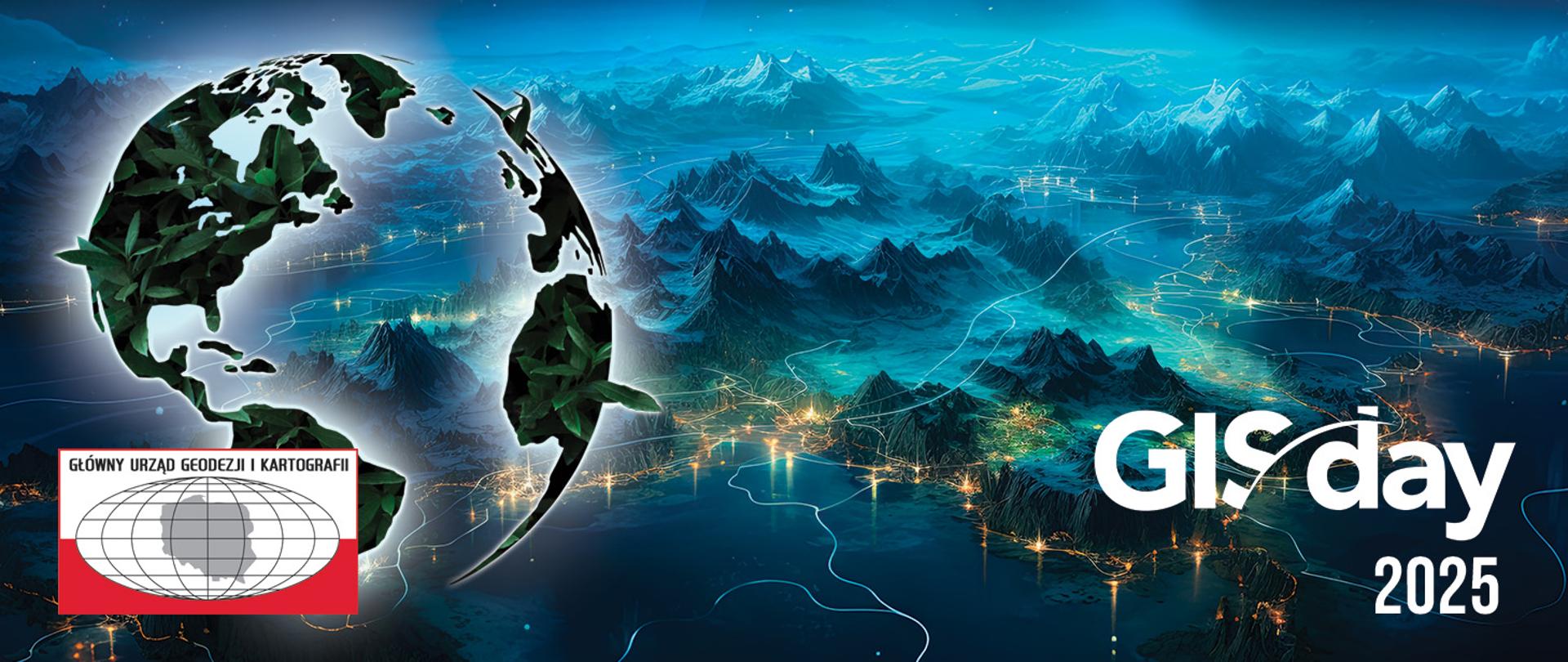 po lewej stronie logotyp Głównego Urzędu Geodezji i Kartografii, po prawej napis GIS day 2025, w tle wizualizacja gór