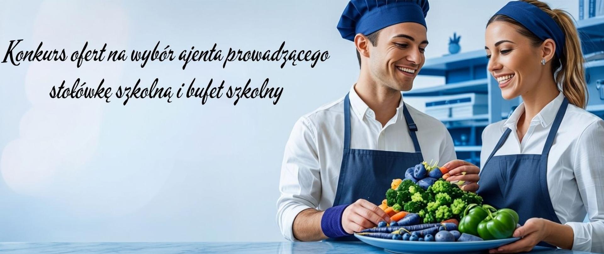 Grafika przedstawia baner informacyjny dotyczący konkursu ofert na wybór ajenta prowadzącego stołówkę i bufet szkolny. Po lewej stronie umieszczono napis na jasnym, błękitnym tle, natomiast po prawej stronie widoczne są dwie uśmiechnięte osoby w fartuchach i nakryciach głowy, trzymające talerz ze świeżymi warzywami i owocami. Całość utrzymana jest w jasnej, niebiesko-białej kolorystyce, podkreślającej profesjonalizm oraz zdrowe żywienie.