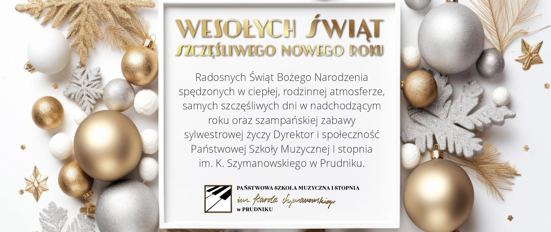 Życzenia świąteczne. Bombki choinkowe oraz płatki śniegu w kolorach srebrnym i złotym. Pod tekstem życzeń logo szkoły.