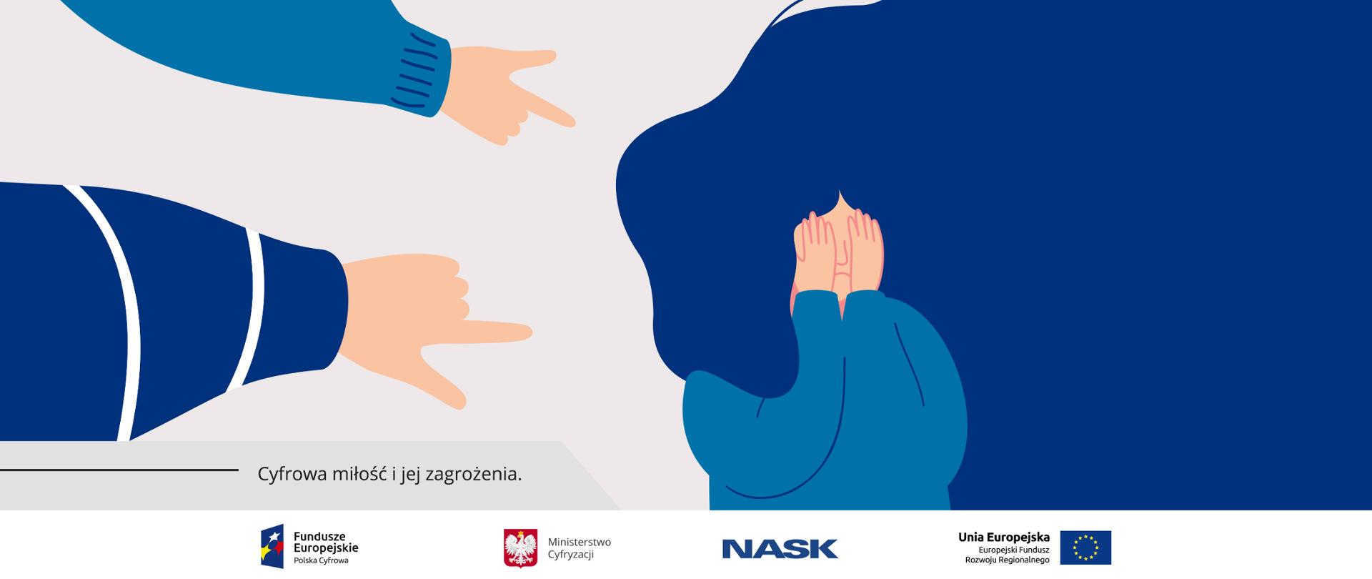 Grafika wektorowa - dziewczyna zasłaniająca ze wstydu twarz. Po lewej stronie - dłoń ze skierowanym na nią palcem.