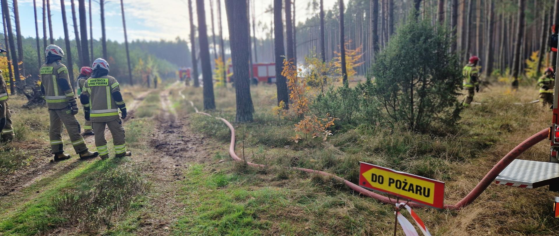 Samochód strażacki w lesie i napis do pożaru 