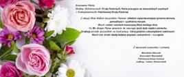 Życzenia Warmińsko-Mazurskiego Komendanta Wojewódzkiego PSP z okazji Dnia Kobiet, symbole PSP i OSP, obok kolorowe kwiaty