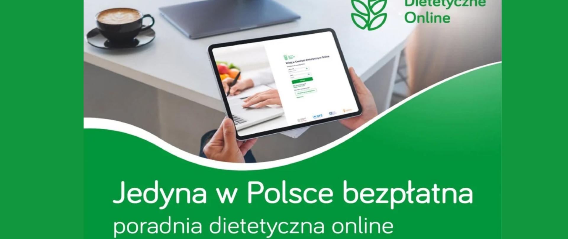 Kobieta trzymająca tablet. Tekst: Pomożemy Ci zmienić nawyki żywieniowe. Skorzystaj z bezpłatnych porad w Centrum Dietetycznym Online cdo.pzh.gov.pl