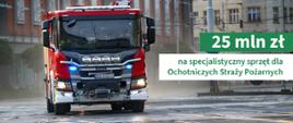Plansza z wozem strażackim, o treści 25 mln zł na specjalistyczny sprzęt dla Ochotniczych Straży Pożarnych.