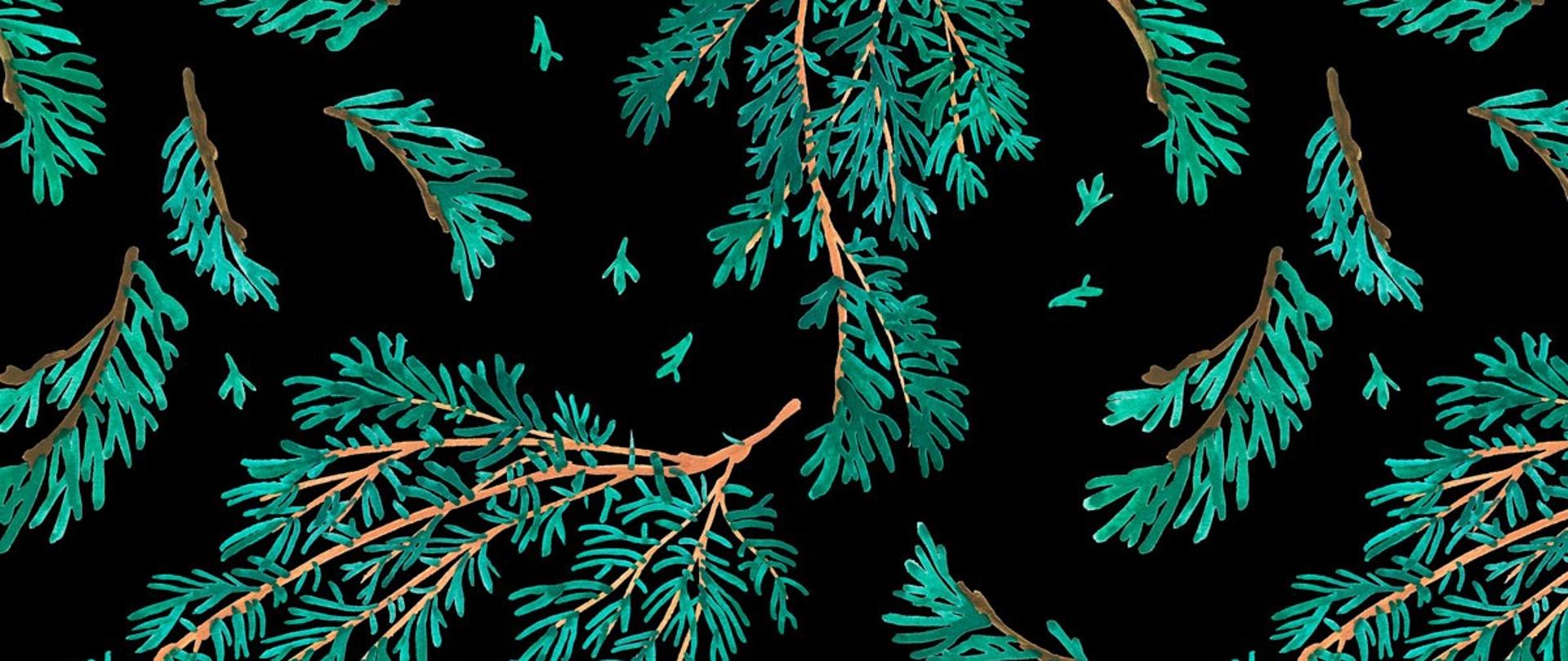 Grafika przedstawiająca gałązki brązowe gałązki jodły z igłami rozrzucone po całej powierzchni grafiki na czarnym tle.