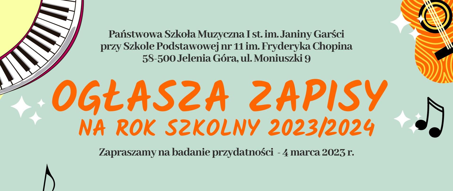 Plakat na miętowo - pastelowym tle. Od góry napisy w kolorze czarny: siedziba szkoły , siedziba szkoły przy SP 11, w kolorze pomarańczowym: informacja o roku szkolnym 2024/2025, poniżej znajduje się informacja o badaniu przydatności wykaz instrumentów, cykli nauczania oraz miejsce gdzie można uzyskać szczegółowe informacje. Na plakacie znajdują się grafiki: na górze - po lewej stronie i na górze - po lewej stronie: zaokrąglona klawiatura, na dole po lewej stronie i na górze po prawej stronie: gitara. Na całej powierzchni plakatu rozmieszczone są drobne grafiki gwiazdek oraz nut i klucz wiolinowy
