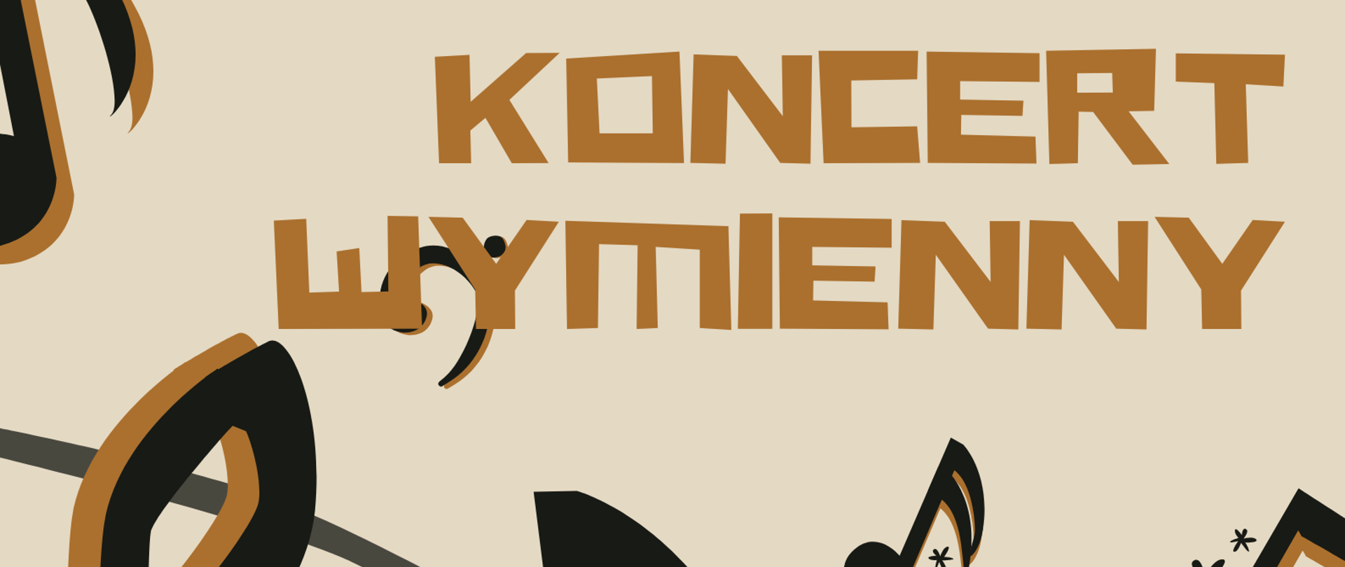 Plakat. Na beżowym tle informacja, że Państwowa Szkoła Muzyczna I stopnia w Oławie zaprasza na Koncert wymienny uczniów klas gitary PSM I st. w Oleśnicy i PSM I st. w Oławie, który odbędzie się 13 maja 2025 r. o godz. 17.00 w PSM I st. w Oleśnicy. W tle graficzne przedstawienie klucza wiolinowego oraz nutek na pięciolinii. 