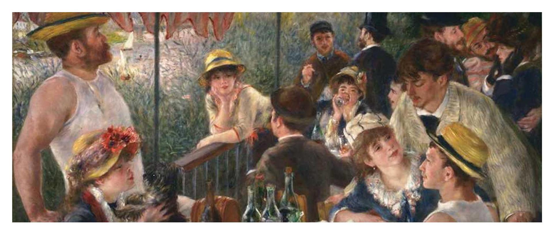 grupa ludzi nad wodą stojący i siedzący przy stolikach