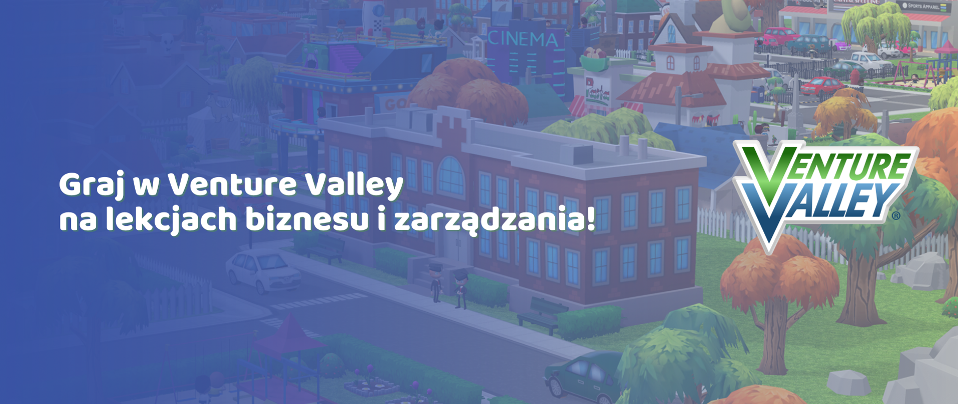 Po lewej tekst: Graj w Venture Valley na lekcjach biznesu i zarządzania
Po prawej: logotyp Venture Valley oraz mapa z gry