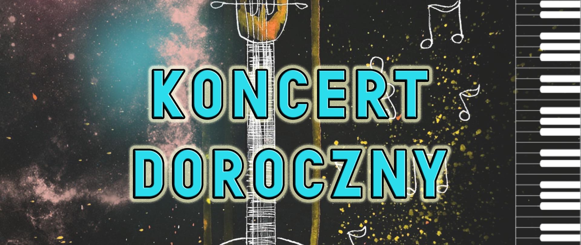Plakat przedstawia grafikę promującą koncert doroczny, który odbędzie się 24 czerwca 2025 roku w Sali Koncertowej PSM I stopnia im. Jana Sebastiana Bacha w Grajewie. Tłem plakatu jest grafika gitary na czarnym tle. W górnej części znajduje się biały logotyp szkoły muzycznej. We frontalnej części plakatu umieszczono napis ,,Koncert doroczny", poniżej po obu stronach zamieszczono informacje odnoszące się do daty i godziny koncertu. Na samym dole plakatu znajduje się biały napis miejsca promowanego koncertu. Dopełnieniem nawiązującym do koncertu jest biało-czarna klawiatura fortepianowa umieszona na prawej krawędzi plakatu.