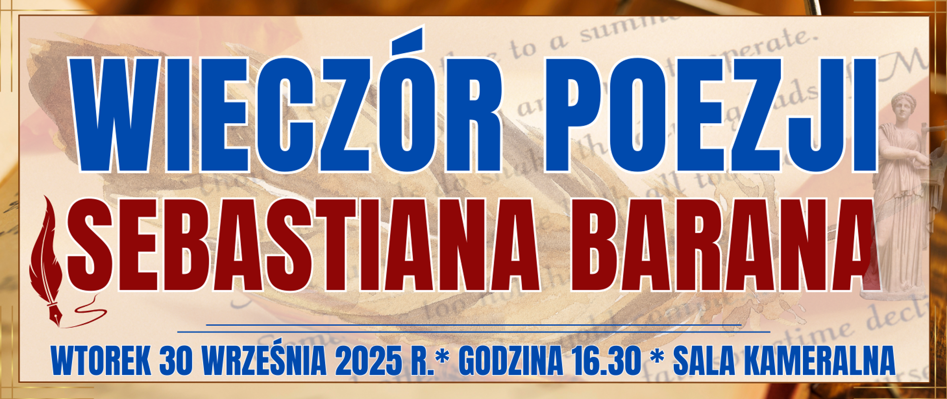 baner z jasnym tłem w odcieniach brązu z elementami poetyckimi oraz informacja o wydarzeniu