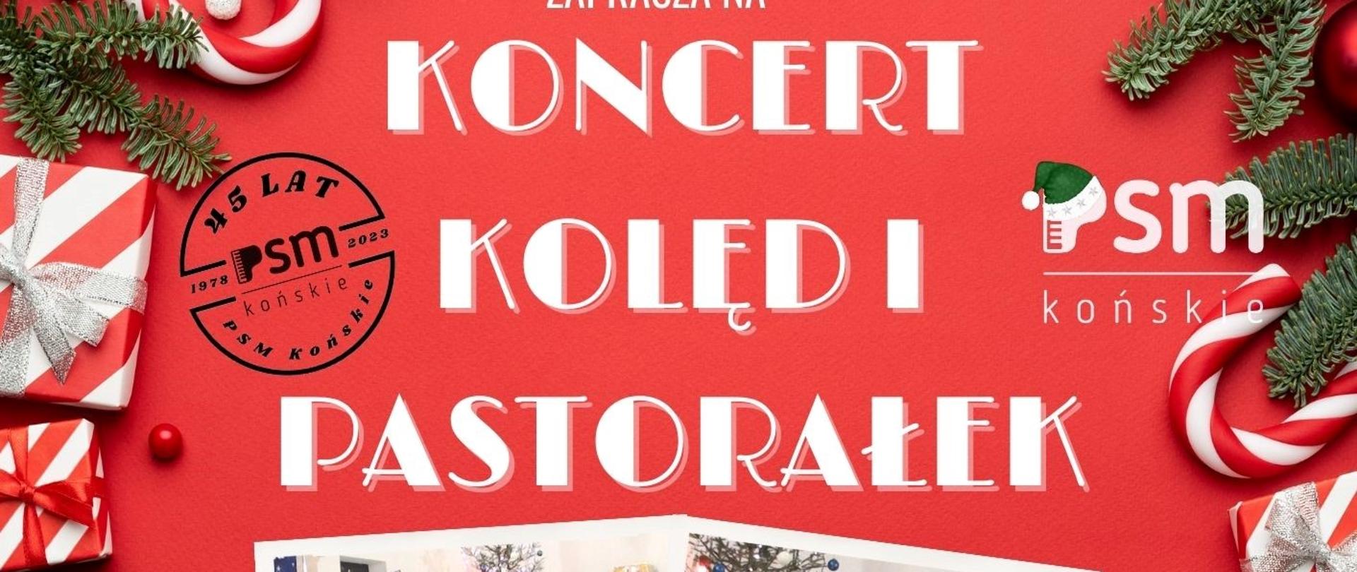 Baner świąteczny na czerwonym tle białe litery informujące o koncercie.