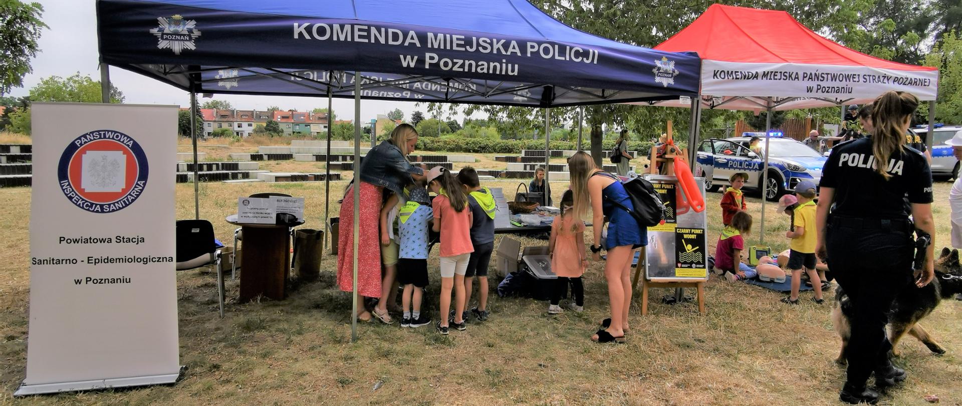 grupa dzieci uczestniczy w pokazie prawidłowego szczotkowania zębów. 