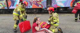 Strażacy udzielają pomocy osobie poszkodowanej siedziącej na ziemi.