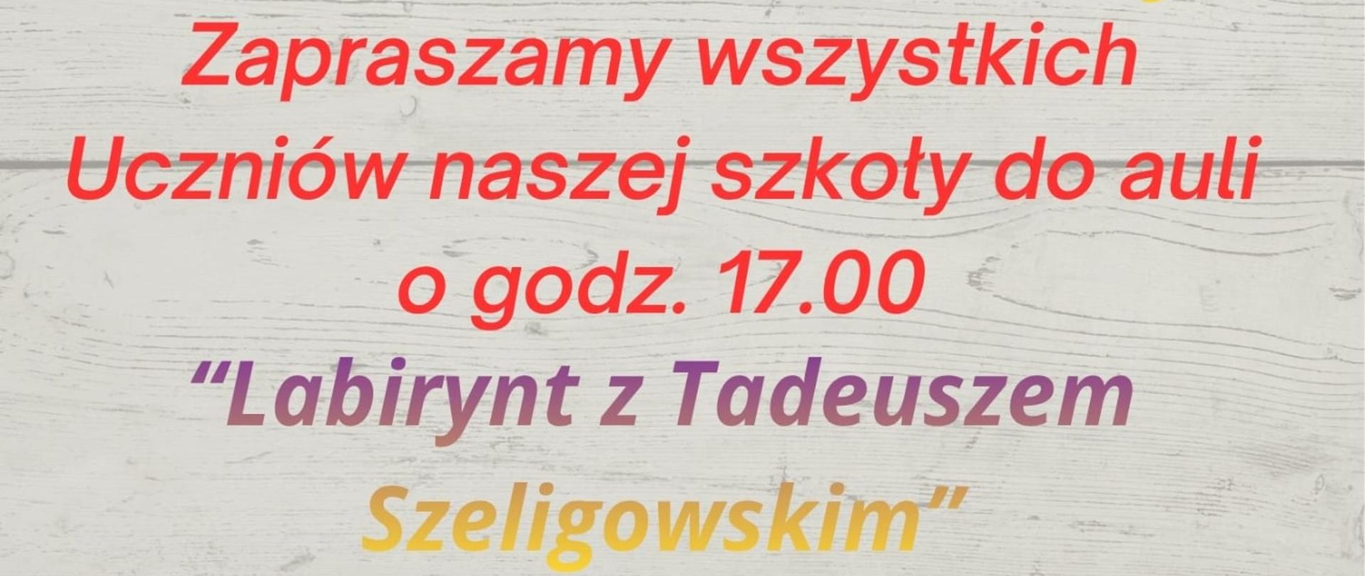 Na beżowym tle informacja o programie Dnia Patrona. Na dole zdjęcie Tadeusza Szeligowskiego i muzyczne grafiki. Na górze logo szkoły