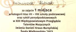 Dyplom za zajęcie I miejsca podczas konkursu.